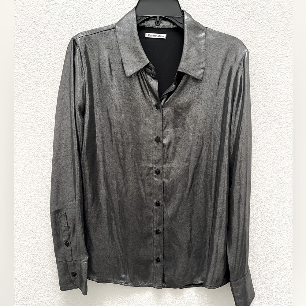 Reformation Metallic Silver Button Down Shirt